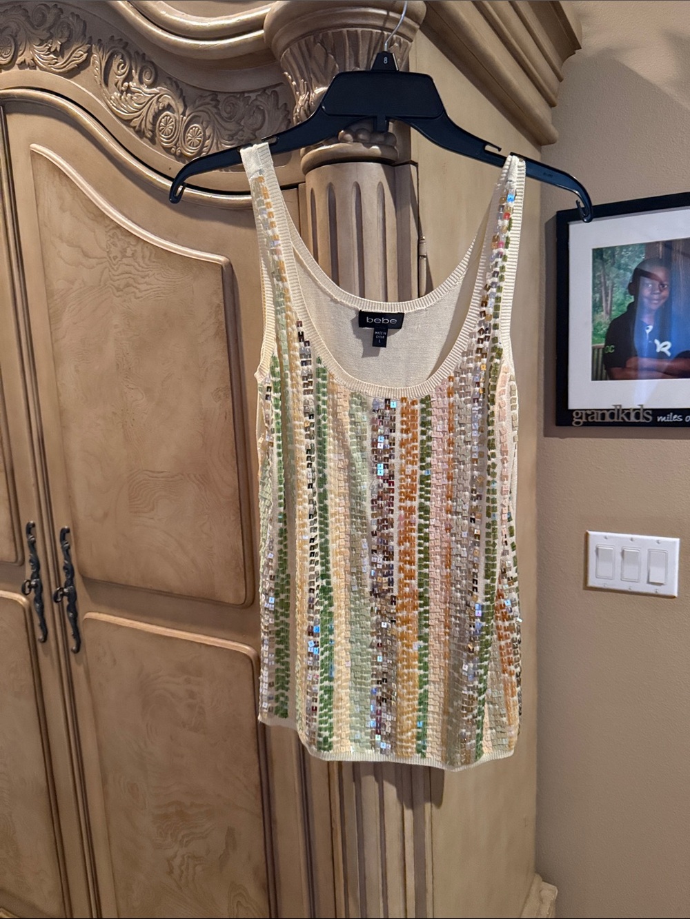 bebe yellow and green Tank with Multicolor Sequin Stripes